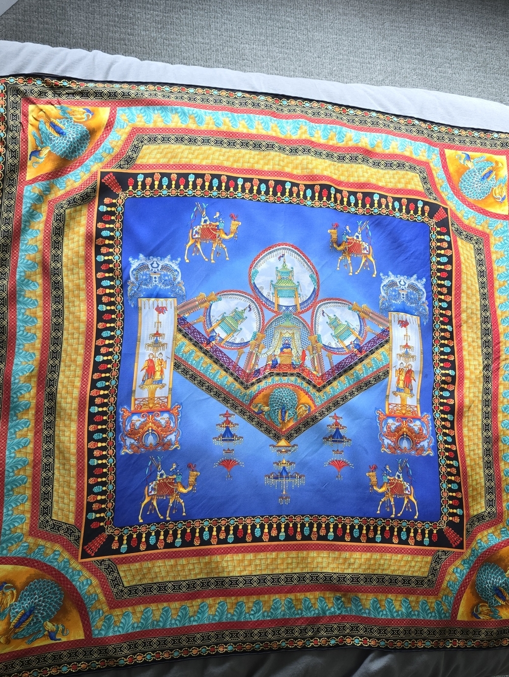 Versace Luxury Silk-Style Home Wall Decor Scarf in Blue and Gold